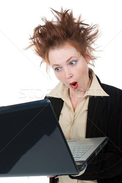 Zły crazy kobieta interesu laptop odizolowany biały Zdjęcia stock © fanfo