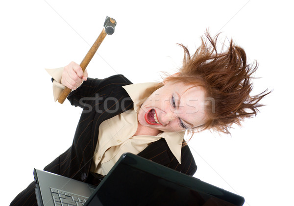 Zakenvrouw laptop hamer boos vrouw Stockfoto © fanfo
