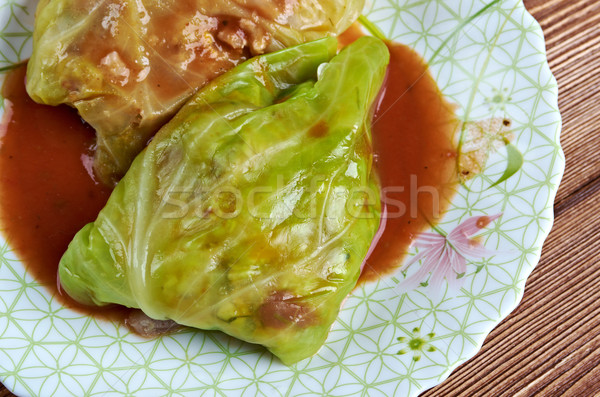 Foto stock: Recheado · repolho · molho · de · tomate · verde · jantar · arroz