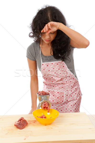 beautiful housewife cutting meat Stock photo © fanfo