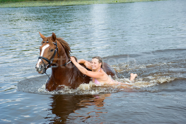  woman swimming winth  stallion in river Stock photo © fanfo