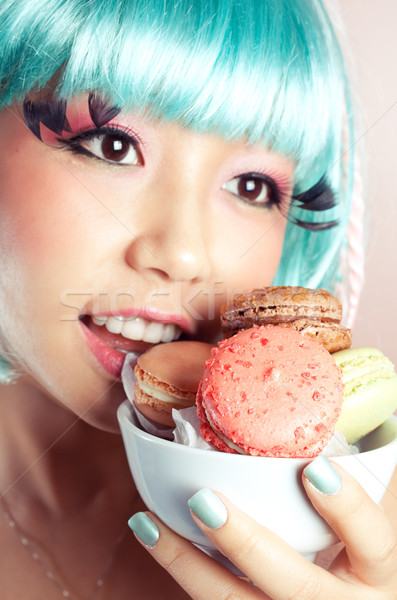 Stock foto: Süß · Zahn · macaron · Frau · Essen