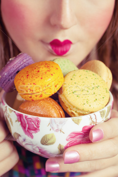 Lány színes fiatal nő édes macaron étel Stock fotó © fatalsweets
