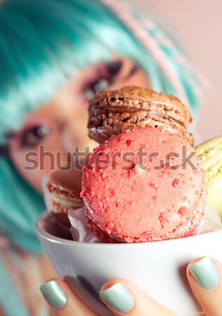 Süß Zahn macaron Frau Essen Stock foto © fatalsweets