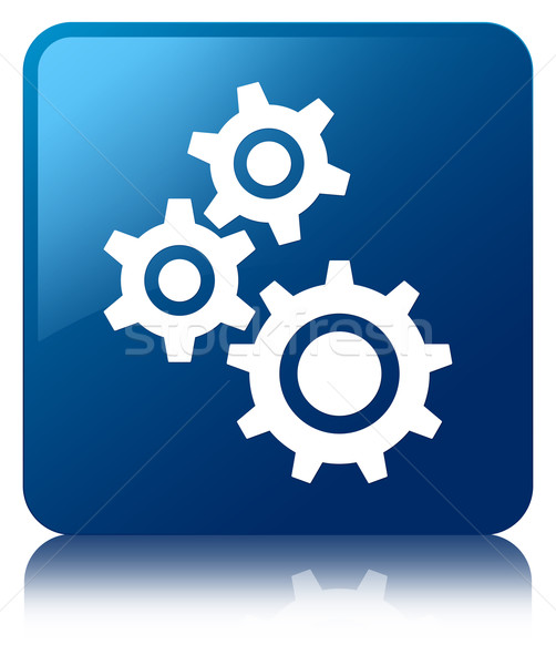 Stock photo: Gears icon glossy blue reflected square button