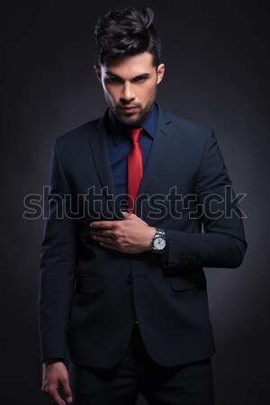 business man holds hand on suit lapel Stock photo © feedough