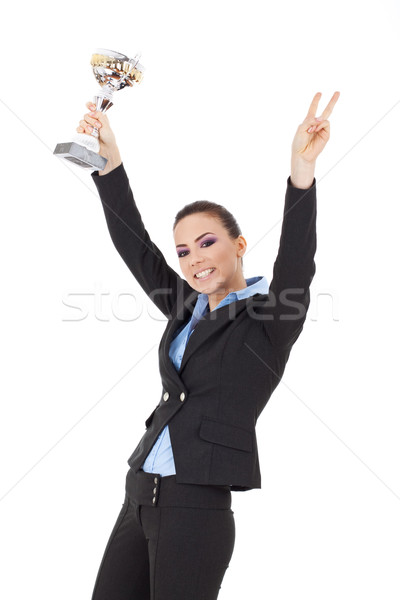 Stockfoto: Opgewonden · vrouw · winnend · trofee · portret · jonge