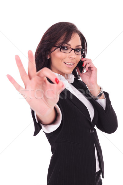 ストックフォト: ビジネス女性 · 電話 · にログイン · 小さな · 笑みを浮かべて