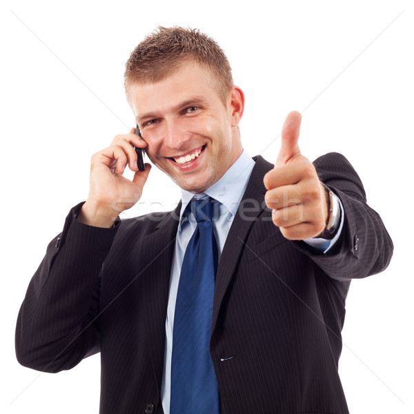Hüvelykujj felfelé telefon üzletember mutat remek Stock fotó © feedough