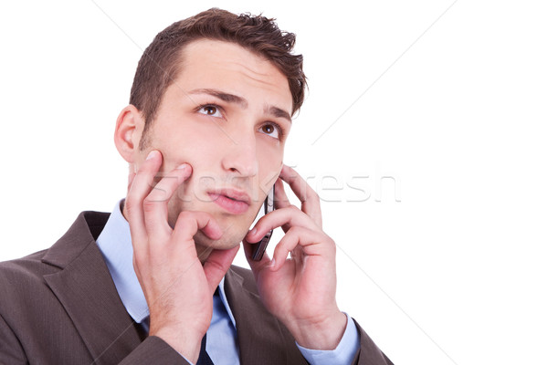 Foto stock: Empresário · falante · telefone · cópia · espaço · branco