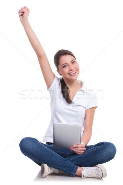 casual woman sits, cheers & tablet Stock photo © feedough