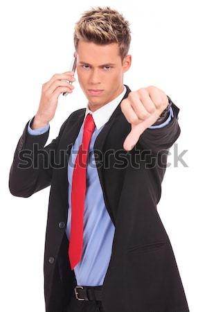 Foto stock: Hombre · de · negocios · malas · noticias · teléfono · celular · negativos · responder · oficina