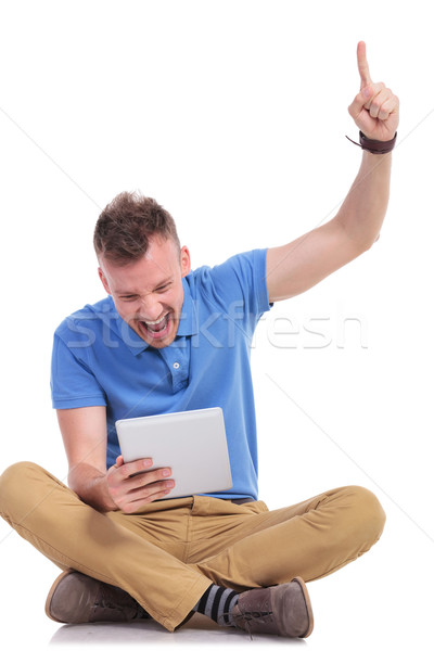 Stockfoto: Jonge · man · laptop · hand · toevallig · vergadering