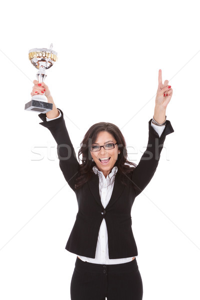 Mujer de negocios trofeo jóvenes mano feliz Foto stock © feedough