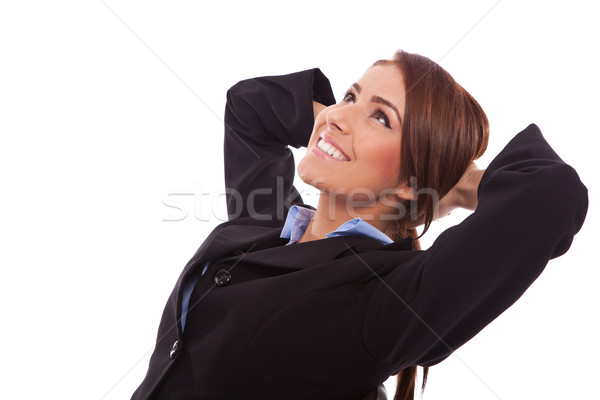 Vedere laterala femeie de afaceri alb fericit muncă Imagine de stoc © feedough