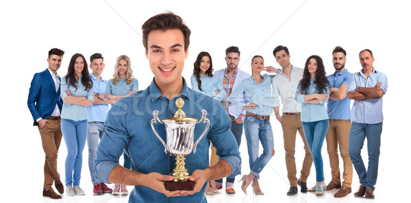 group leader of young casual team presenting you their cup Stock photo © feedough
