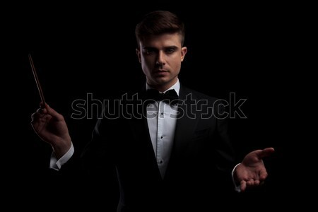 2 poses of elegant businessman in black suit with bowtie Stock photo © feedough