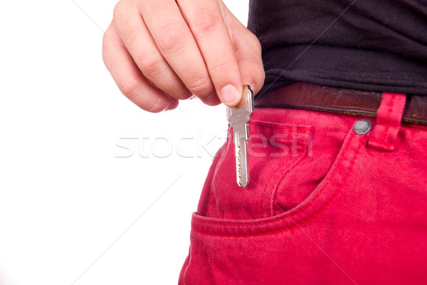 Mão chave vermelho jeans bolso isolado Foto stock © feelphotoart