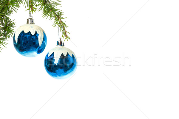 [[stock_photo]]: Décoration · pin · sapin · neige · bleu · ornements