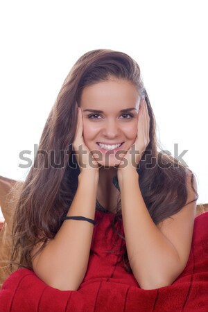 Lächelnde Frau cute Sofa rot Kissen Frau Stock foto © feelphotoart