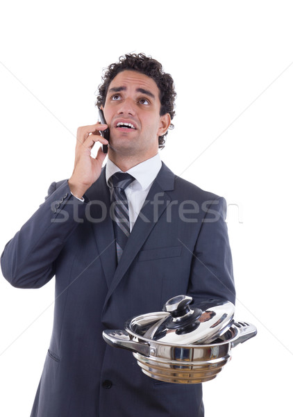 sad man seeking lunch on mobile phone Stock photo © feelphotoart