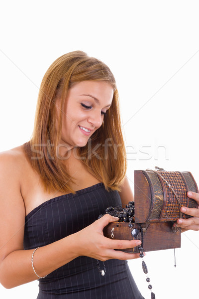 Stockfoto: Mooie · glimlachend · meisje · sieraden · vak · zwarte · jurk