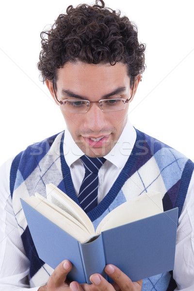 Hombre cuidadosamente libro gafas chaleco escuela Foto stock © feelphotoart