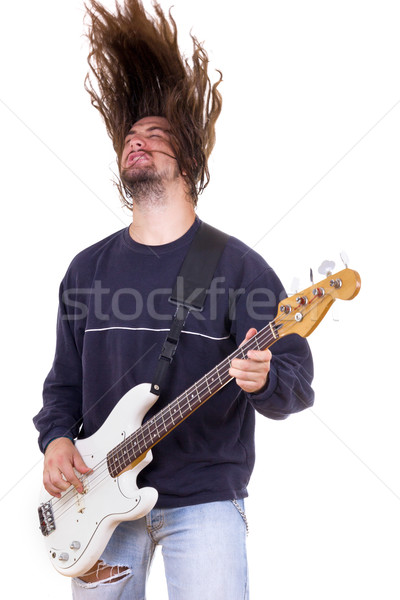 Homme musicien jouer basse guitare cheveux Photo stock © feelphotoart