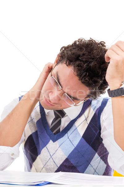 Man with neck pain in pullover reading book Stock photo © feelphotoart