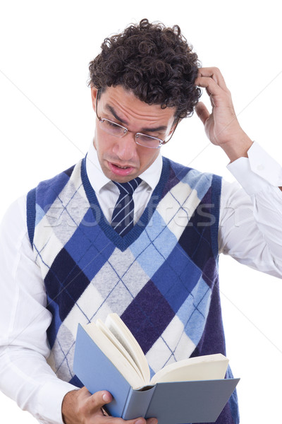 Hombre sorprendido libro chaleco gafas negocios Foto stock © feelphotoart