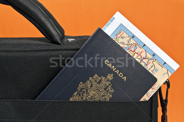 Foto stock: Passaporte · mapa · viajar · mala · saco · turista