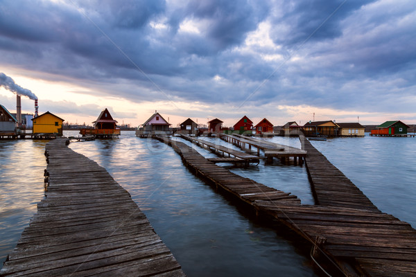 Sunset lake Bokod with pier Stock photo © Fesus
