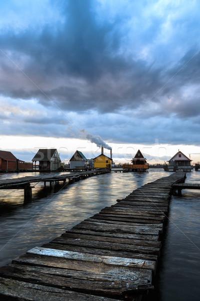 Stockfoto: Zonsondergang · meer · pier · vissen · houten
