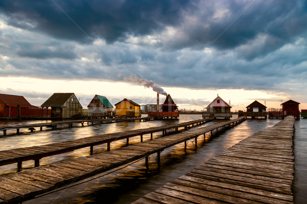 Sunset lake Bokod with pier Stock photo © Fesus