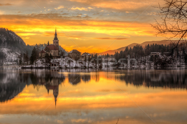 Tó tél Szlovénia Európa elképesztő napfelkelte Stock fotó © Fesus
