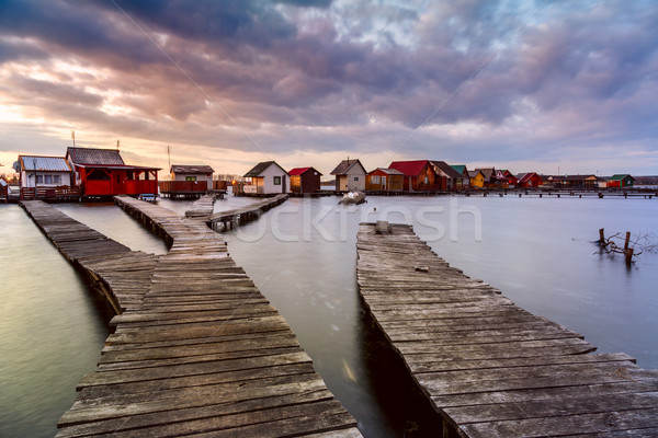 Stockfoto: Zonsondergang · meer · pier · vissen · houten