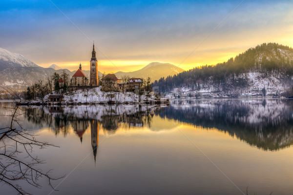 Stock fotó: Tó · tél · Szlovénia · Európa · elképesztő · napfelkelte