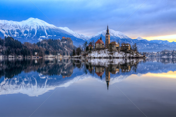 Lago invierno Eslovenia Europa asombroso amanecer Foto stock © Fesus