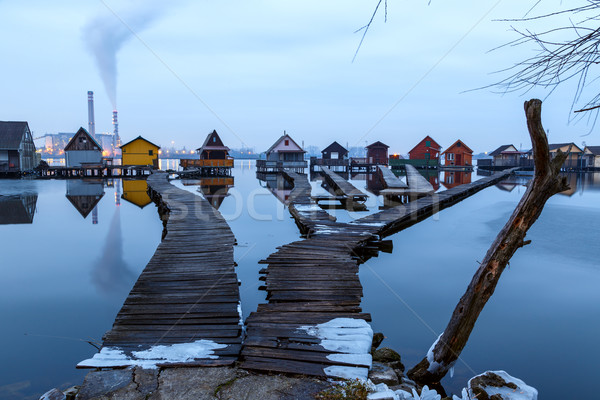 Tramonto lago pier pesca legno Foto d'archivio © Fesus