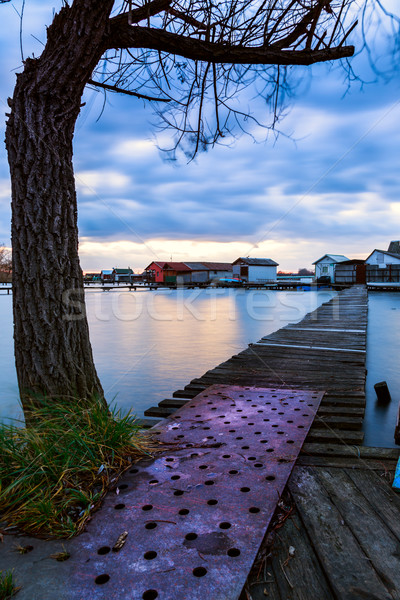 Sunset lake Bokod with pier Stock photo © Fesus