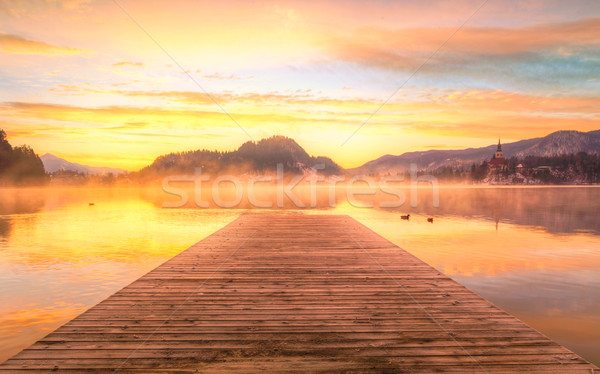 Сток-фото: удивительный · Восход · озеро · зима · Словения · Европа