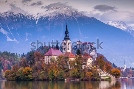 Foto stock: Lago · Eslovenia · Europa · isla · castillo · montanas