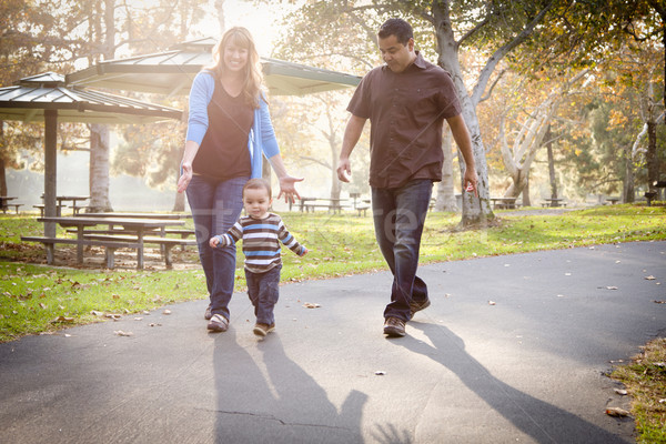Stock photo: Happy Mixed Race Ethnic Family Walking In The Park