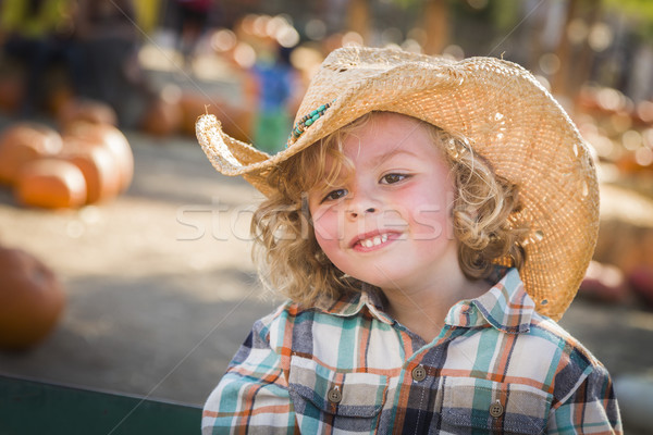 Mały chłopca cowboy hat dynia godny podziwu Zdjęcia stock © feverpitch