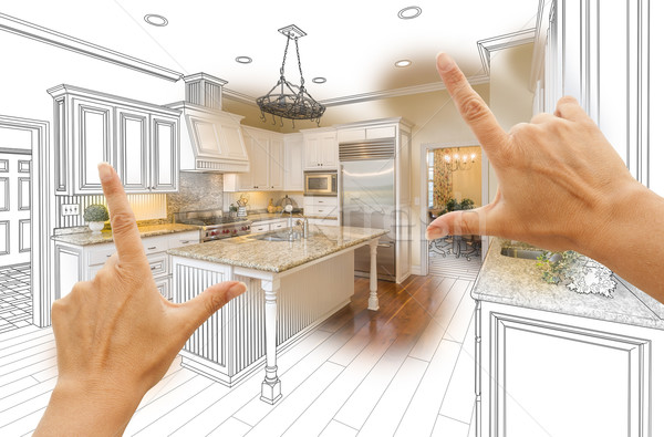 Hands Framing Custom Kitchen Design Drawing and Photo Combinatio Stock photo © feverpitch
