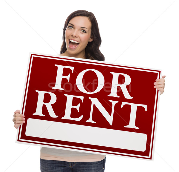 Mixed Race Female Holding For Rent Sign on White Stock photo © feverpitch