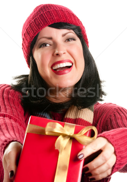 Hübsche Frau bietet Urlaub Geschenk glücklich Stock foto © feverpitch
