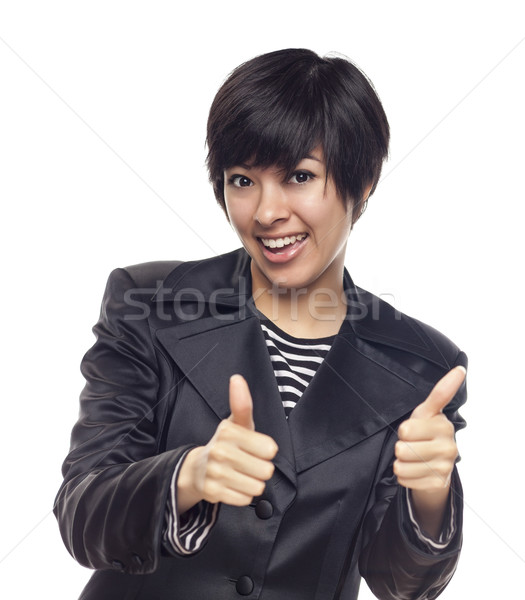 Stock photo: Happy Young Mixed Race Woman With Thumbs Up on White