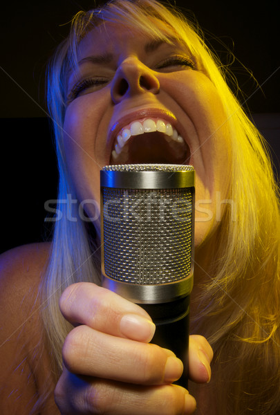 Foto stock: Mulher · paixão · microfone · menina · diversão · etapa