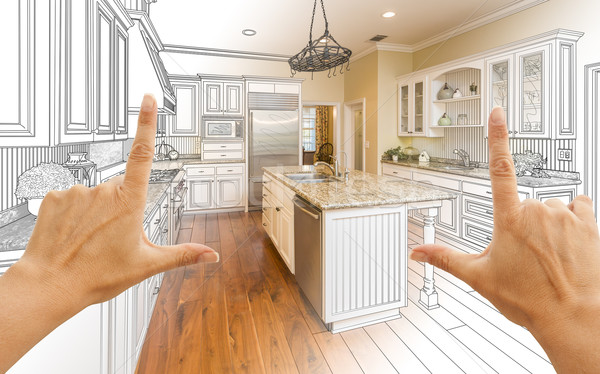 Hands Framing Gradated Custom Kitchen Design Drawing and Photo C Stock photo © feverpitch